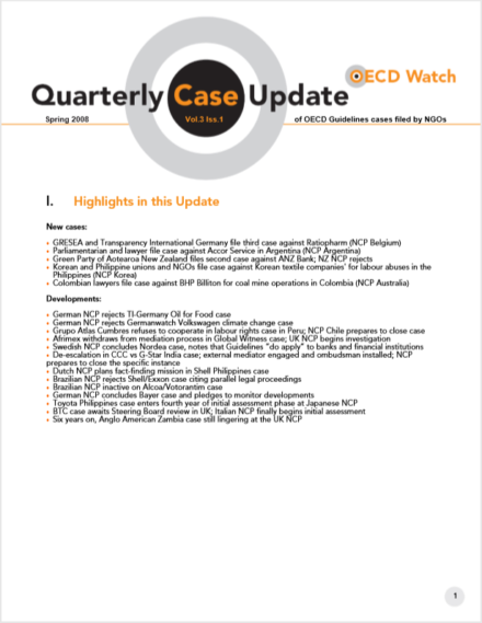 publication cover - OECD Watch Quarterly Case Update Spring 2008