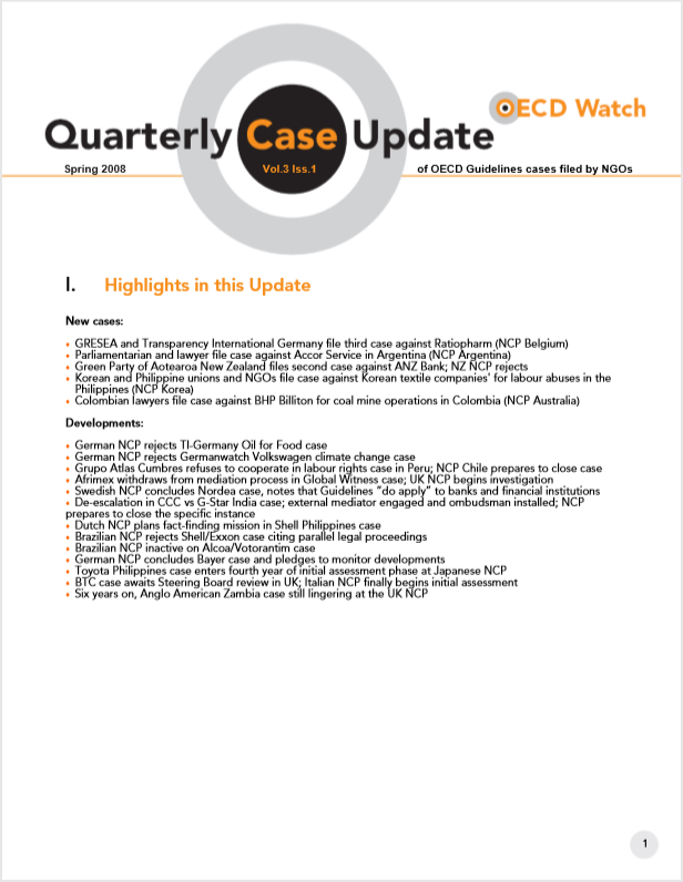 publication cover - OECD Watch Quarterly Case Update Spring 2008