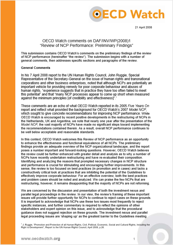 publication cover - OECD Watch comments on DAF/INV/WP(2008)1 “Review of NCP Performance: Preliminary Findings”