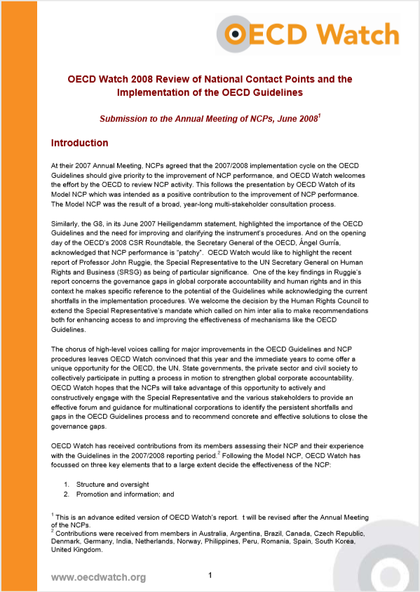 publication cover - OECD Watch 2008 Review of National Contact Points and the Implementation of the OECD Guidelines