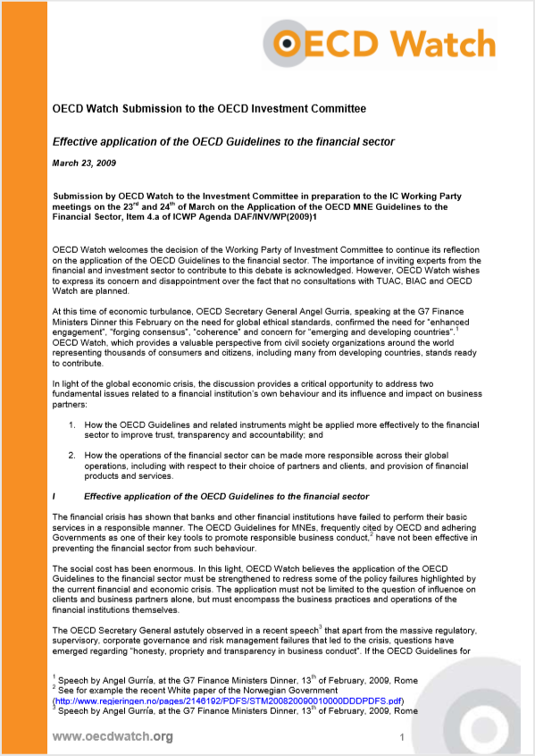 publication cover - OECD Watch Submission – Effective application of the OECD Guidelines to the financial sector