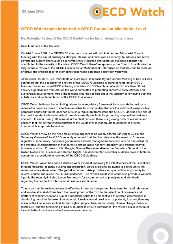 publication cover - OECD Watch open letter to the OECD Council at Ministerial Level