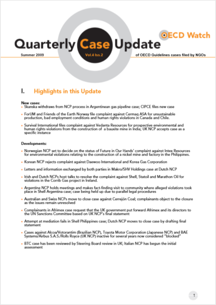 publication cover - OECD Watch Quarterly Case Update Summer 2009