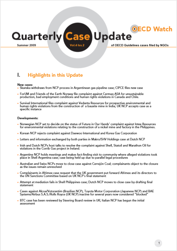 publication cover - OECD Watch Quarterly Case Update Summer 2009