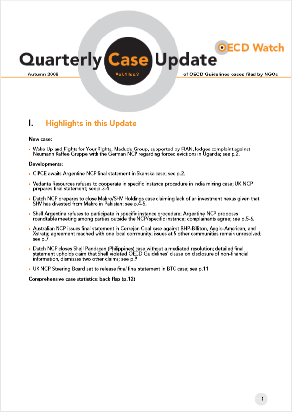 publication cover - OECD Watch Quarterly Case Update Autumn 2009