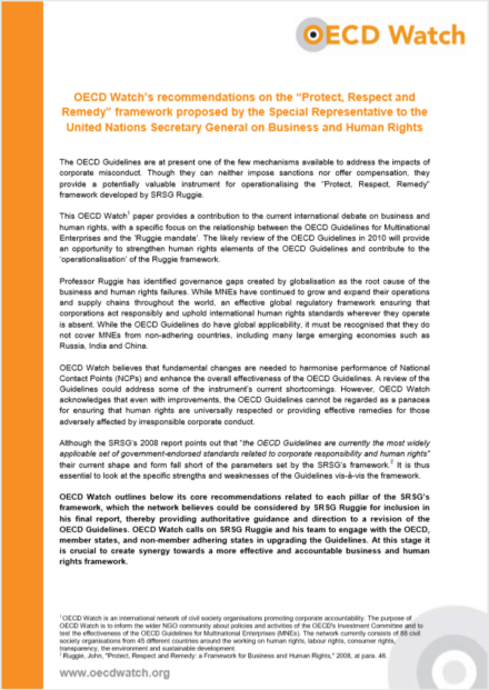 publication cover - OECD Watch’s recommendations on the framework proposed by the SRSG on Business and Human Rights