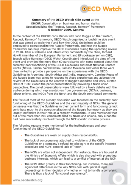 publication cover - OECD Watch summary of the side event at the OHCHR Consultation on business and human rights