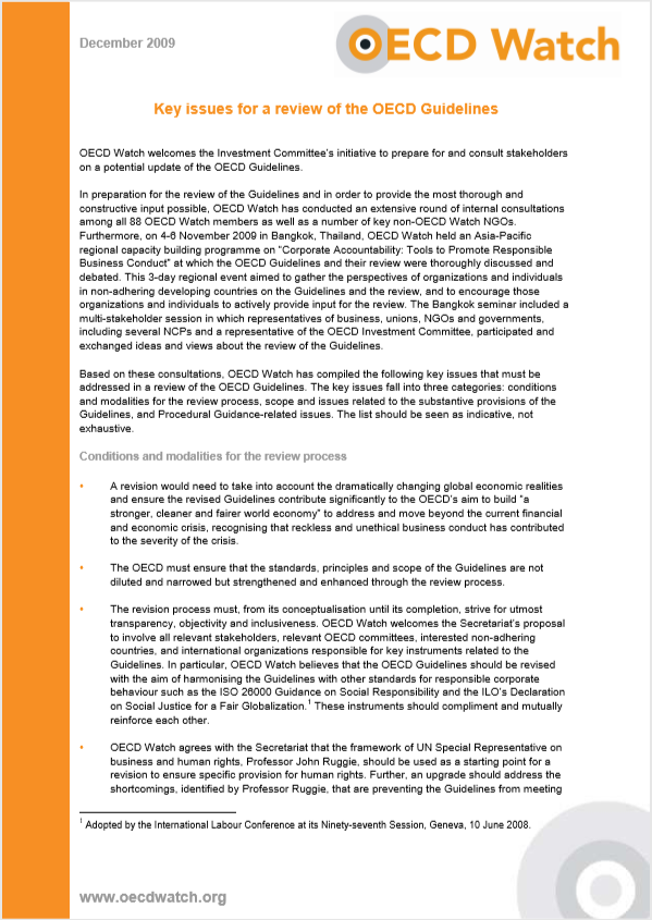publication cover - OECD Watch Key Issues for a review of the OECD Guidelines
