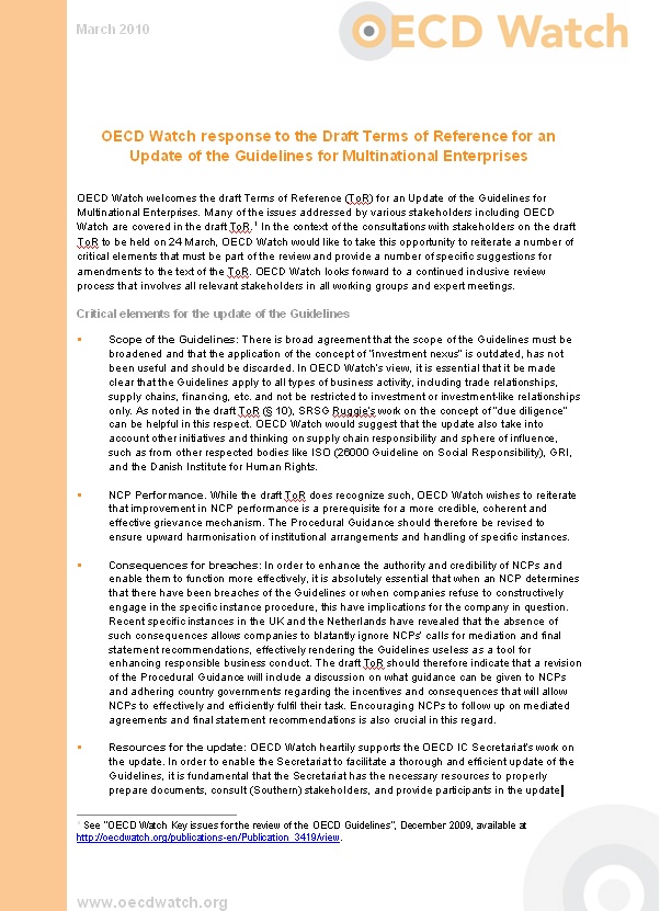 OECD Watch response to the Draft Terms of Reference for an Update of the Guidelines for Multinational Enterprises
