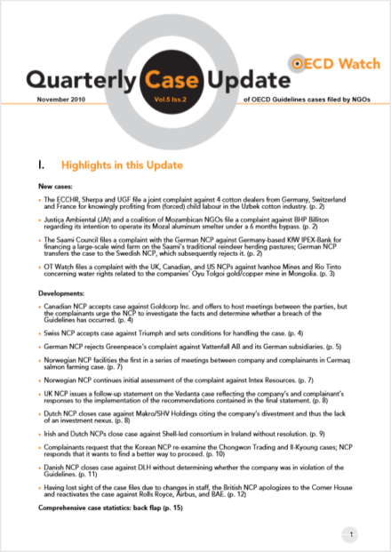 publication cover - OECD Watch Quarterly Case Update November 2010