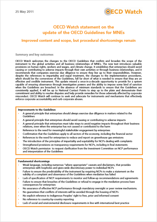 publication cover - OECD Watch statement on the update of the OECD Guidelines for Multinational Enterprises