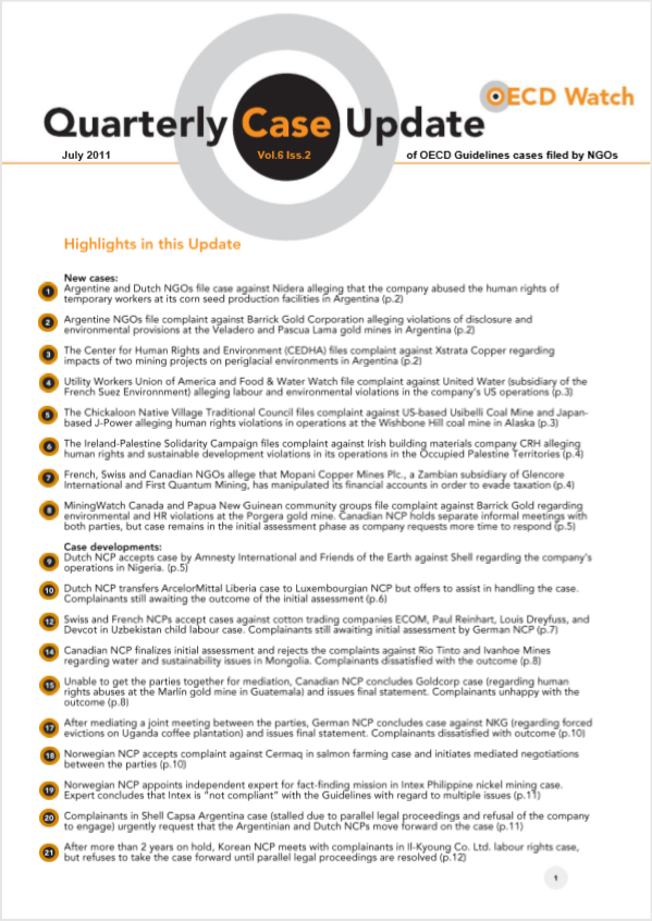 publication cover - OECD Watch Quarterly Case Update June 2011