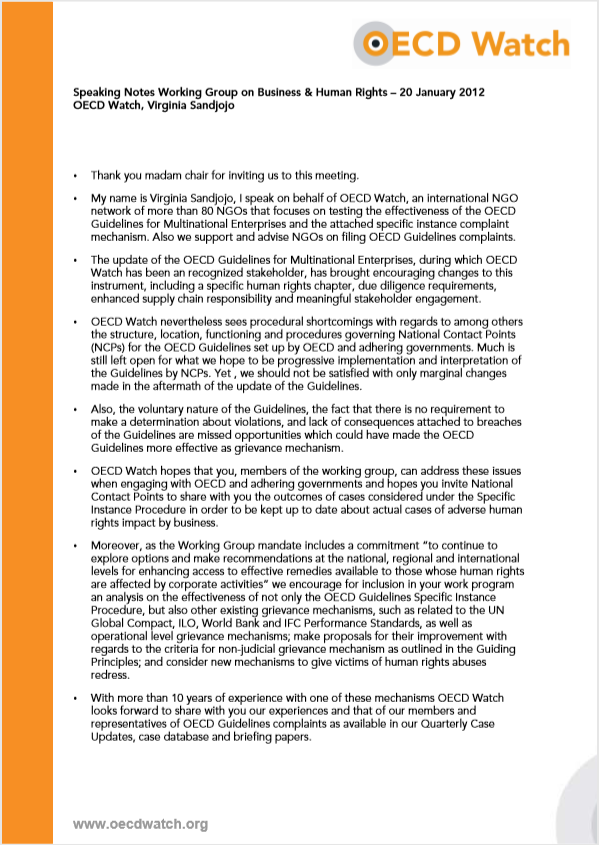 publication cover - OECD Watch Speaking Notes Speaking Notes Working Group on Business + Human Rights