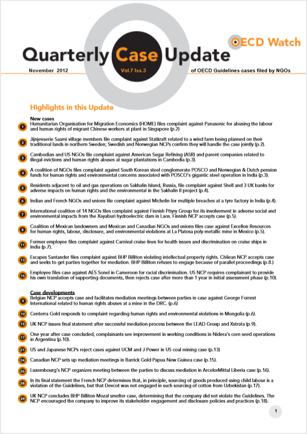publication cover - OECD Watch Quarterly Case Update November 2012