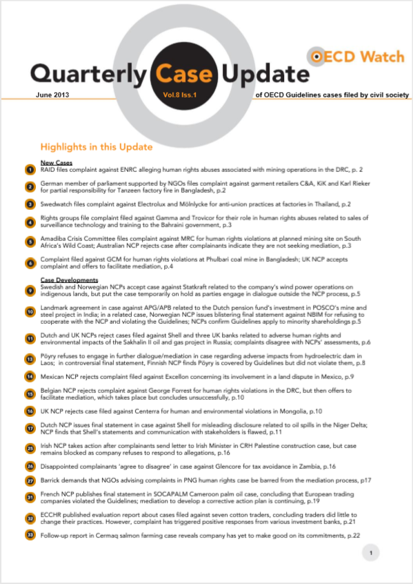 publication cover - OECD Watch Quarterly Case Update June 2013