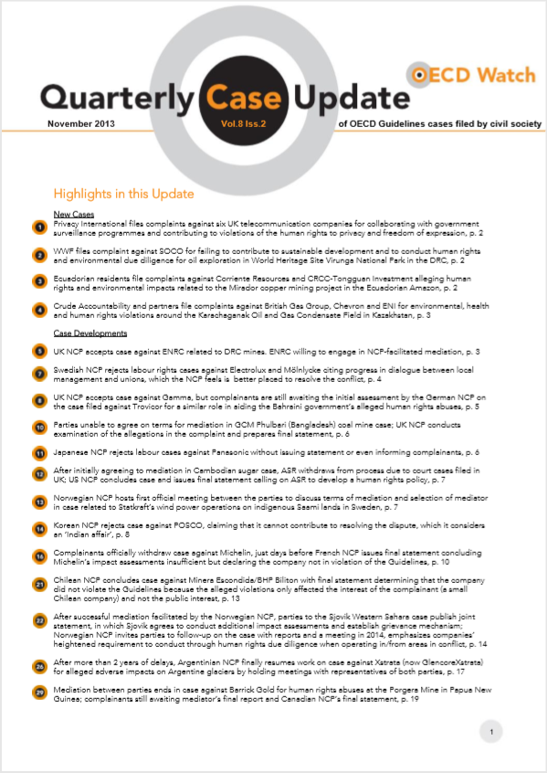publication cover - OECD Watch Quarterly Case Update November 2013
