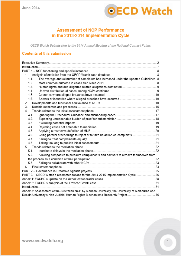 publication cover - OECD Watch submission to the 2014 Annual Meeting of the NCP