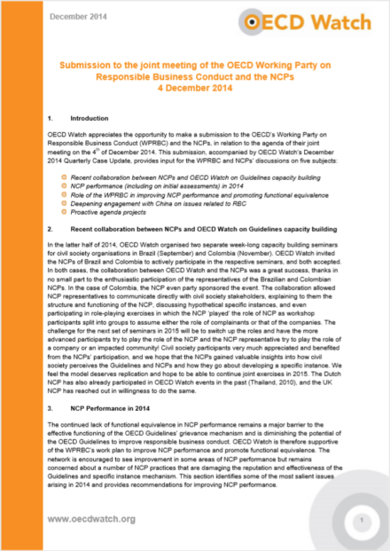 publication cover - OECD Watch submission to the December meeting on responsible business conduct