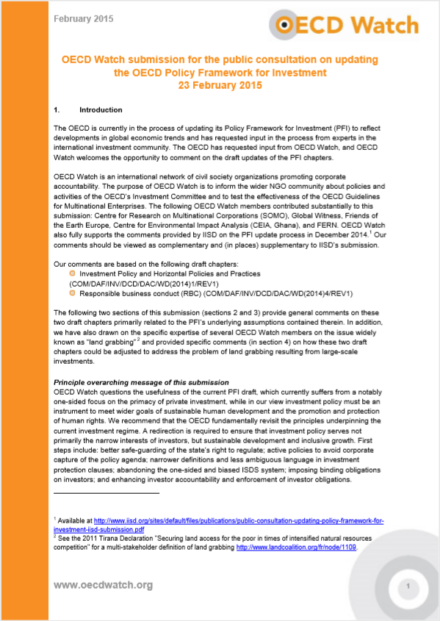 publication cover - OECD Watch submission for the public consultation on updating the OECD Policy Framework for Investment