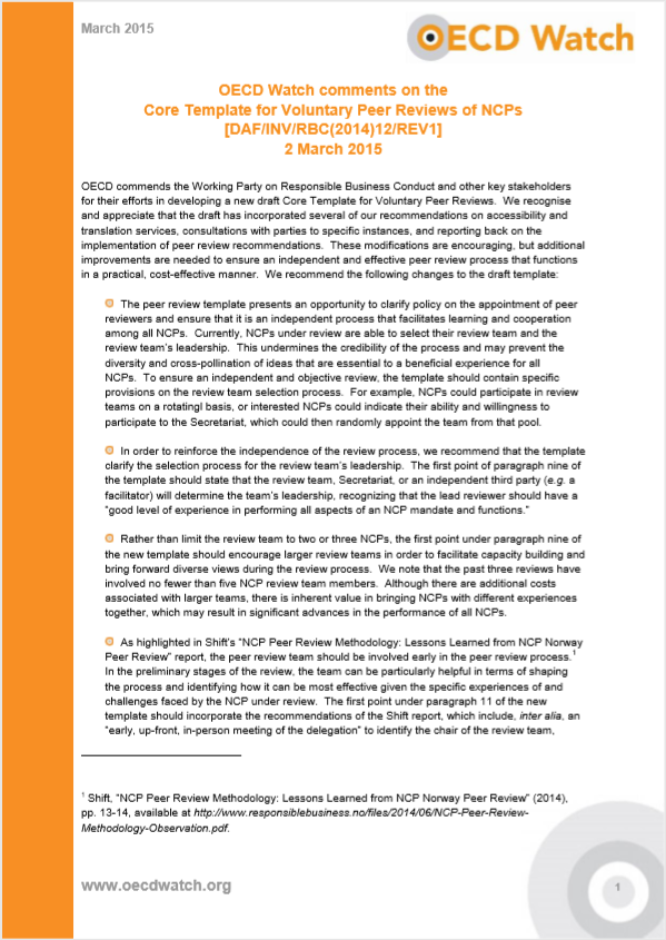publication cover - OECD Watch comments on the Core Template for Voluntary Peer Reviews of NCPs