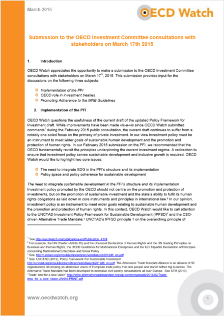 publication cover - Submission to the OECD Investment Committee consultations with stakeholders on March 17th 2015