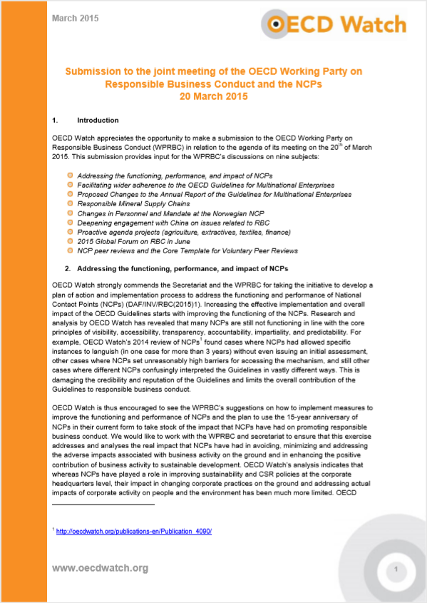 publication cover - OECD Watch submission to the 20 March 2015 meeting of the OECD Working Party on Responsible Business Conduct
