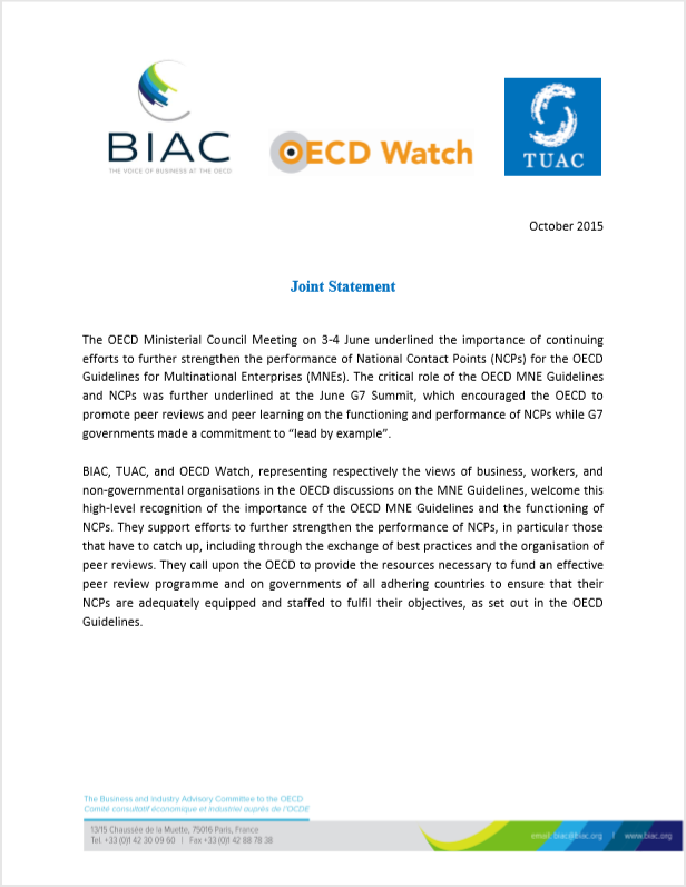 publication cover - Joint statement calling for an effective peer review programme and adequately equipped NCPs