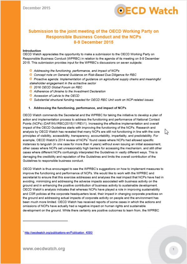 publication cover - Submission to the joint meeting of the OECD Working Party on Responsible Business Conduct and the NCPs