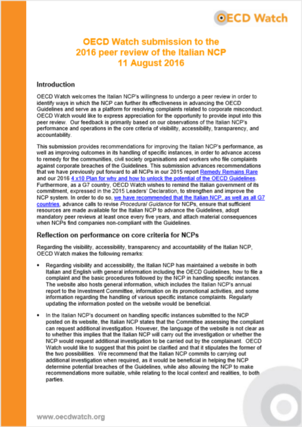 publication cover - OECD Watch submission to the 2016 peer review of the  Italian NCP