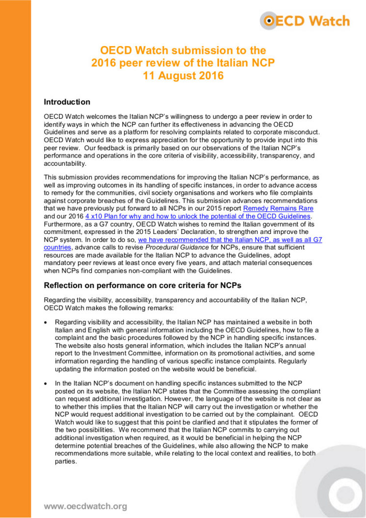 OECD Watch submission to the 2016 peer review of the Italian NCP