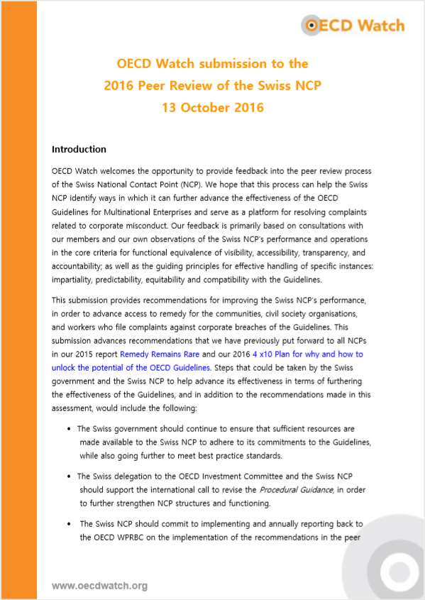 publication cover - OECD Watch submission to the 2016 Peer Review of the Swiss NCP