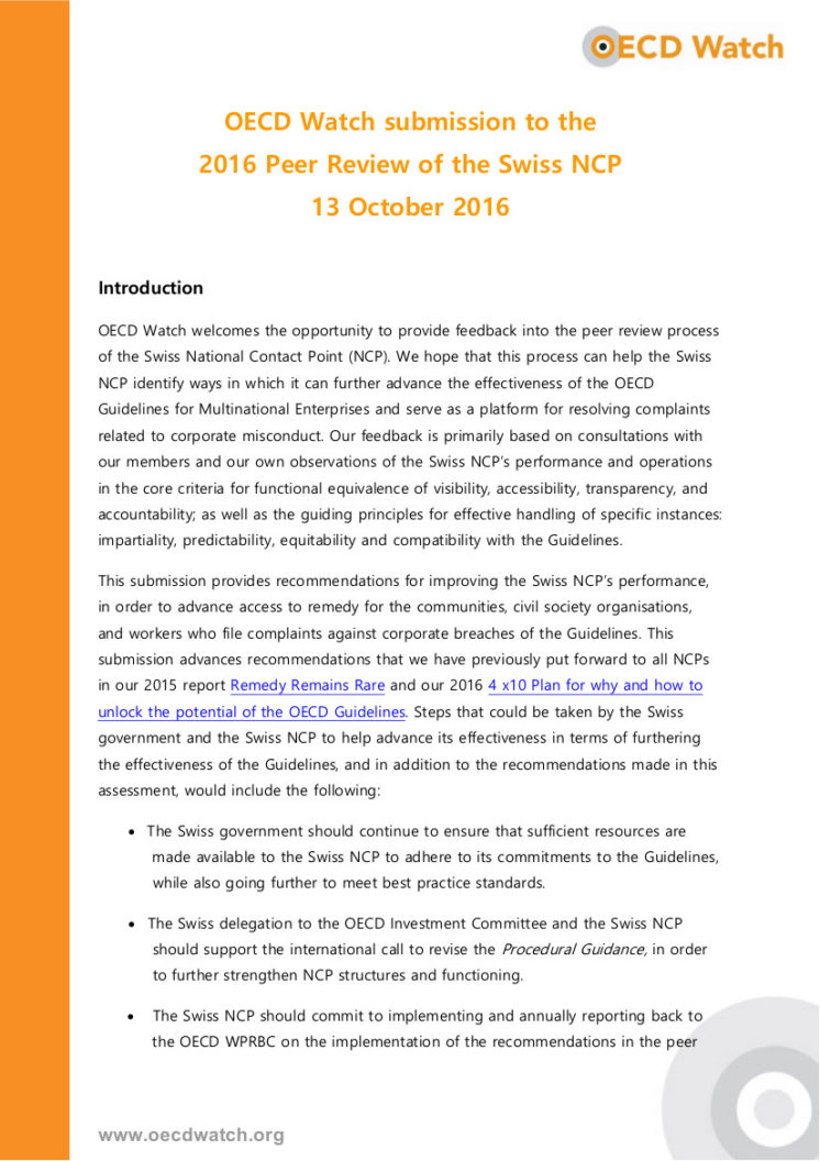 Submission on the Swiss National Contact Point’s Peer Review Process