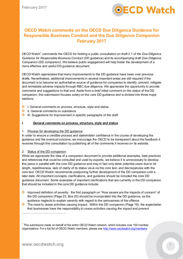 OECD Watch comments on the OECD Due Diligence Guidance for Responsible Business Conduct and Due Dilligence Companion