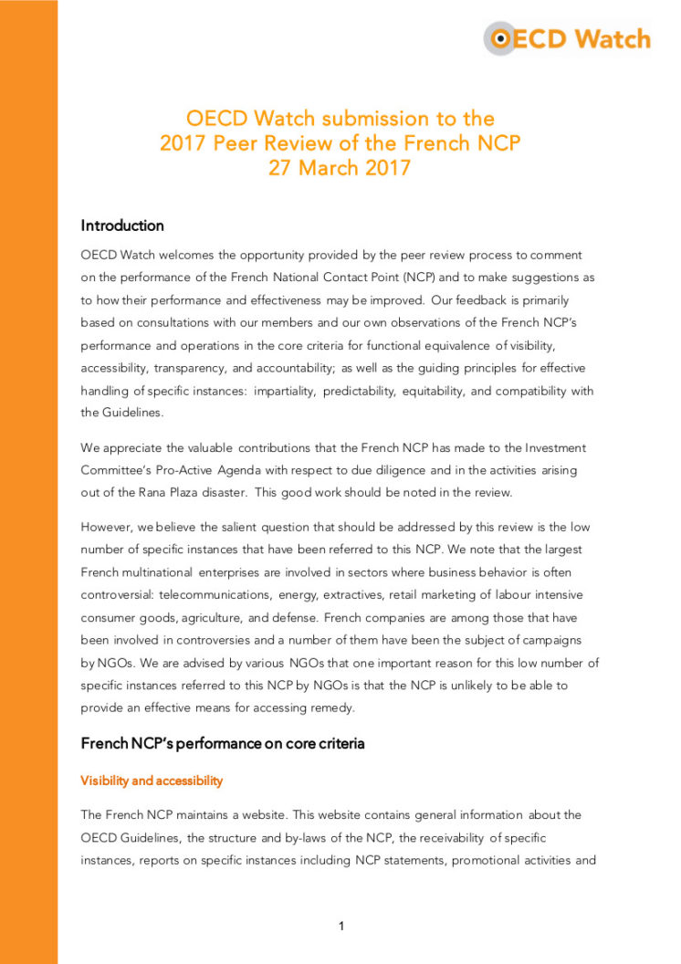 OECD Watch submission to the 2017 Peer Review of the French NCP