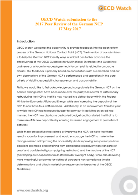 publication cover - OECD Watch Submission to the 2017 Peer Review of the German NCP