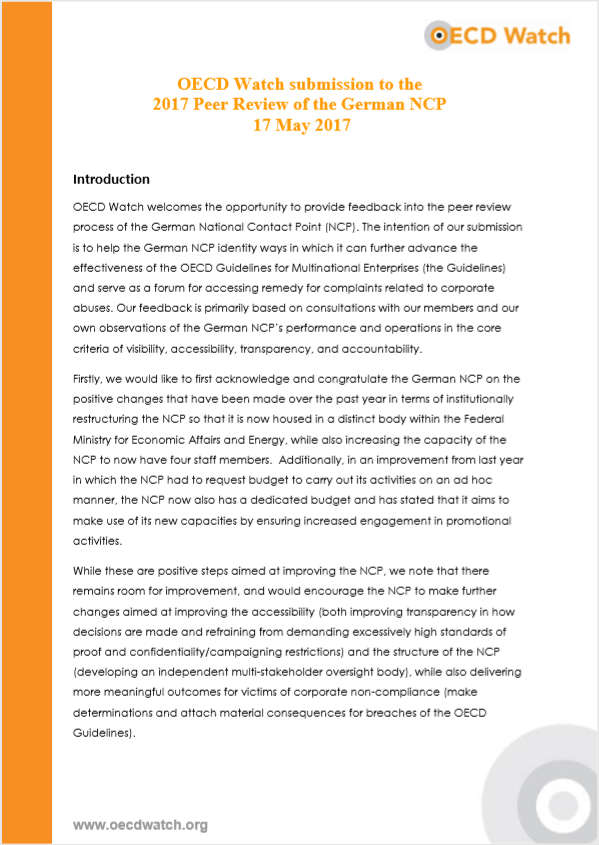 publication cover - OECD Watch Submission to the 2017 Peer Review of the German NCP