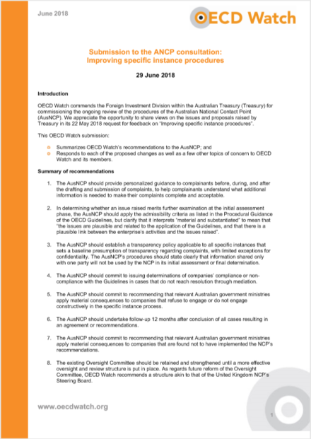 publication cover - Submission of OECD Watch to the Australian NCP’s consultation on improving its specific instance procedures