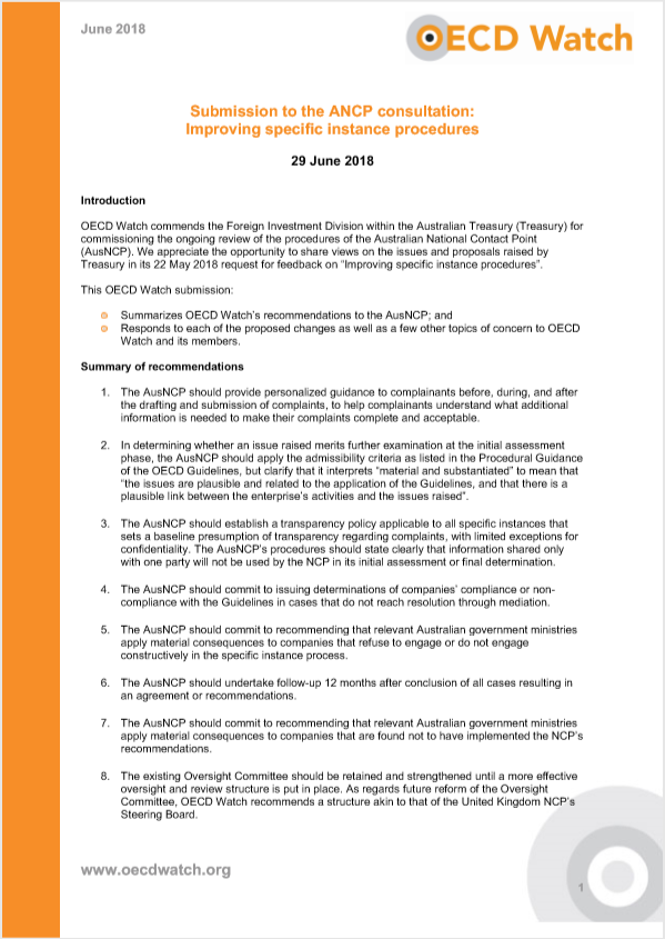 publication cover - Submission of OECD Watch to the Australian NCP’s consultation on improving its specific instance procedures