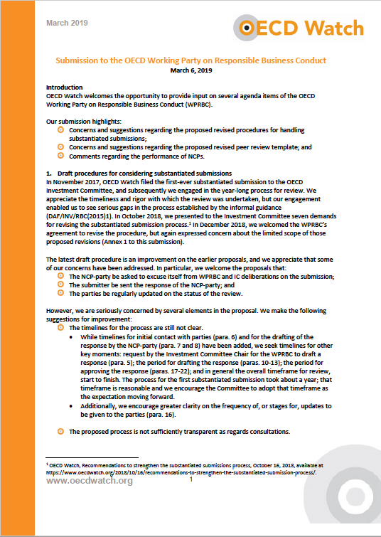 publication cover - OECD Watch submission to Working Party on Responsible Business Conduct, March 2019
