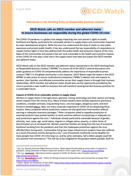 publication cover - OECD Watch statement urging OECD action on the COVID-19 crisis