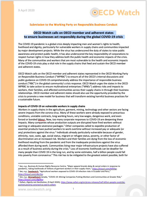 publication cover - OECD Watch statement urging OECD action on the COVID-19 crisis