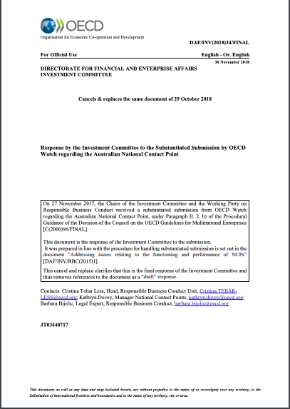 publication cover - OECD confirms OECD Watch arguments against Australian NCP