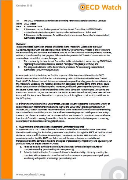 publication cover - OECD Watch analysis of OECD response to AusNCP substantiated submission