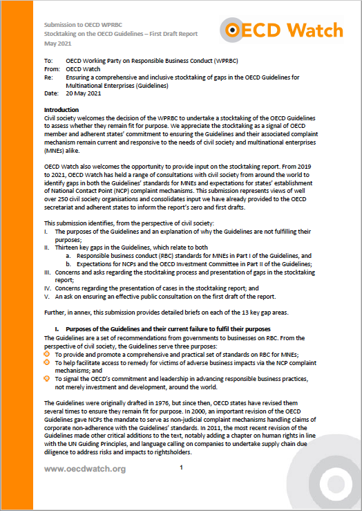 publication cover - OECD Watch submission to OECD’s stocktaking on gaps in the Guidelines