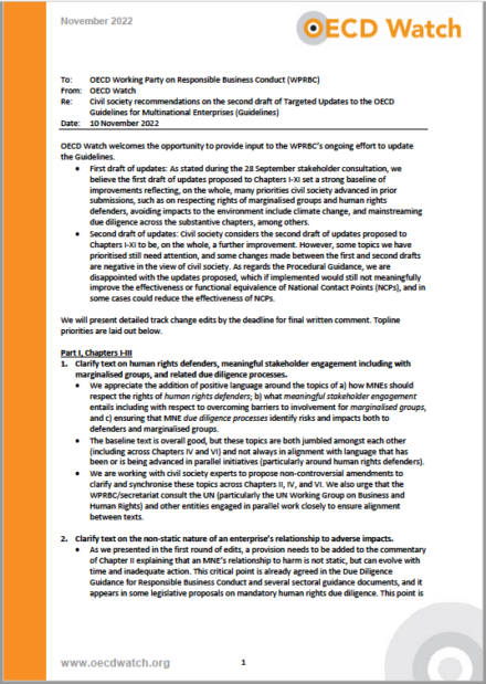 publication cover - OECD Watch submission on the second draft of the Targeted Updates