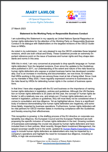 publication cover - UN Special Rapporteur for Human Rights Defenders urges stronger text on reprisals in OECD Guidelines