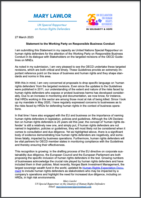 publication cover - UN Special Rapporteur for Human Rights Defenders urges stronger text on reprisals in OECD Guidelines