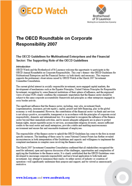publication cover - OECD Watch Briefing Paper on the Guidelines and the financial sector, June 2007