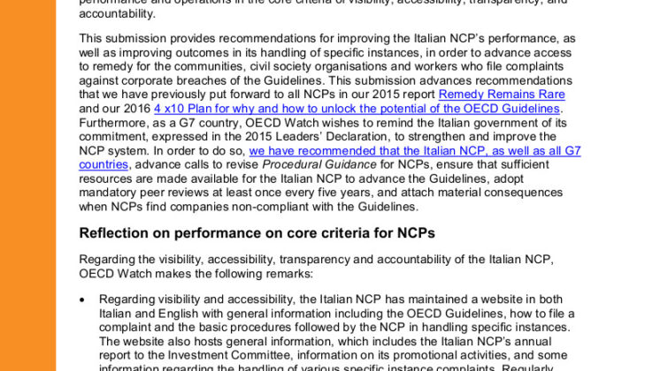 OECD Watch submission to the 2016 peer review of the Italian NCP
