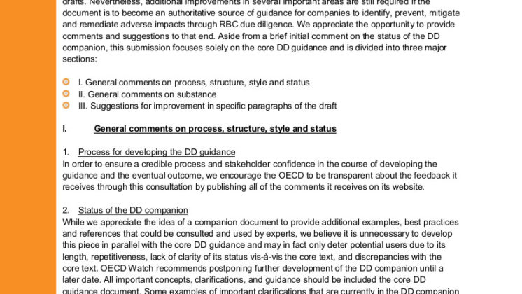 OECD Watch comments on the OECD Due Diligence Guidance for Responsible Business Conduct and Due Dilligence Companion